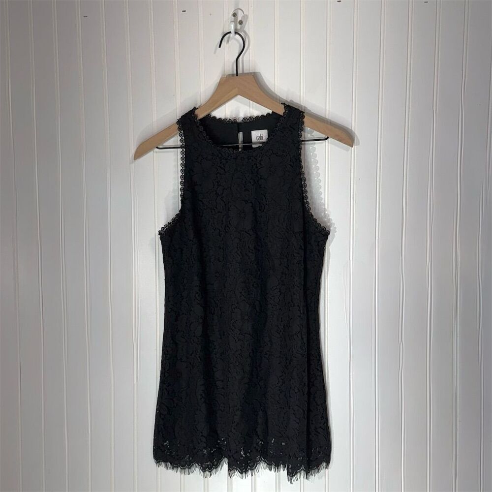 Cabi Black Floral Lace Tank Top Small Sleeveless‎ High Neck Scallop Hem Blouse
